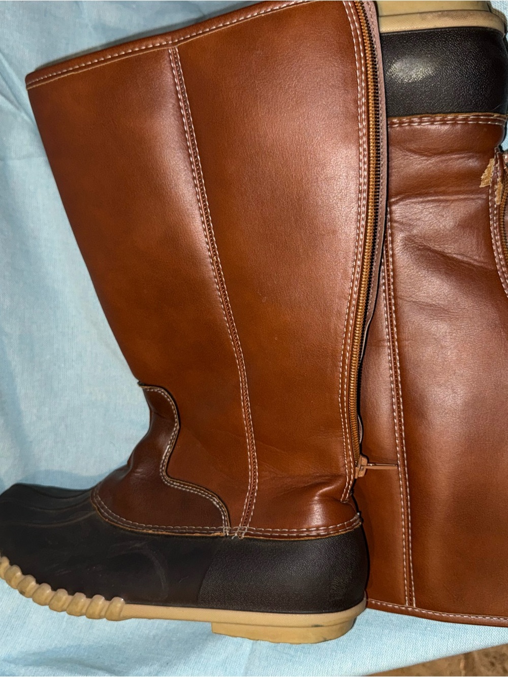 Brown Leather Tall Duck Boots with Black Toe and Tan Sole